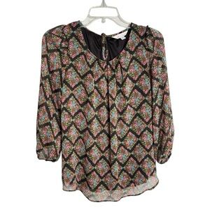 LC Lauren Conrad Floral Puff Sleeve Peasant Top Blouse Small Brown Pink Feminine